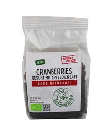 Cranberries getrocknet gesüßt mit Apfeldicksaft dunkelrot bis bräunlich, weich fruchtig-herber, süßer Geschmack gute Ballaststoffquelle