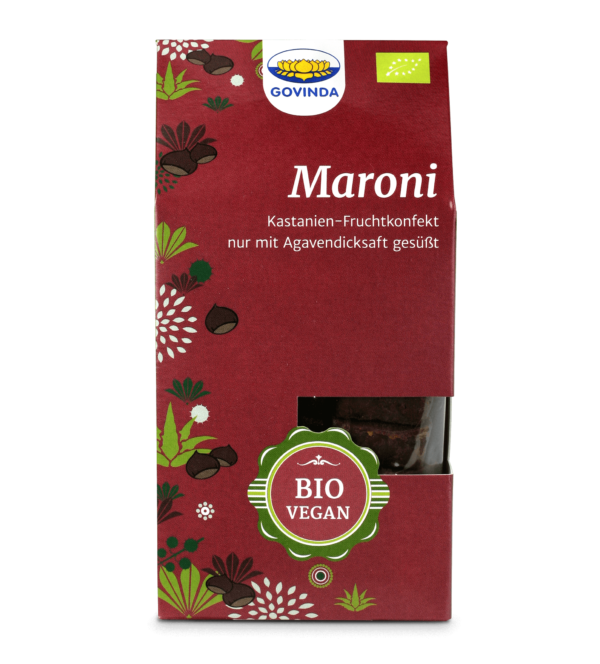 Maroni Fruchtkonfekt Govinda Kastanien bei Plantenfit mit Agave. Zart schmelzend. ein besonders nussiges Konfekt für alle Maroni-Liebhaber