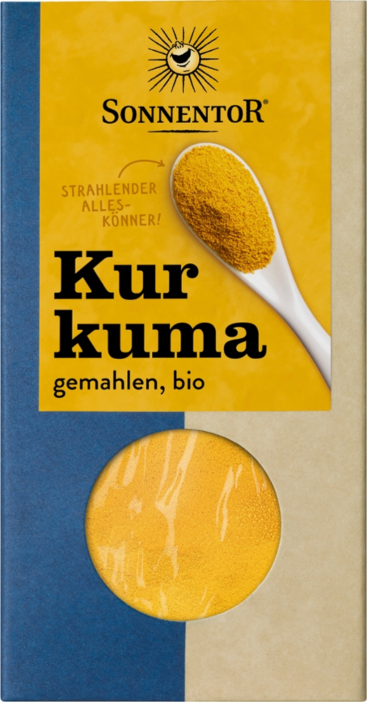 Kurkuma gemahlen Sonnentor bei plantenfit Ingwergewächs, die Wurzel enthält Kurkumin Polyphenole Speisen und Getränke färbt sie gelb wie Safran