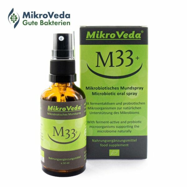 MikroVeda M33+ Unterstützen Sie Ihr Mikrobiom bei plantenfit Mikrobiotisches Mundspray mit 34 bewährten Kulturen für unterwegs