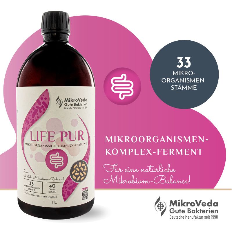 MikroVeda LIFE PUR bei plantenfit enthält lebendige und fermentaktive Mikroorganismen sowie probiotische Bakterien und zus. wertvolle Zutaten