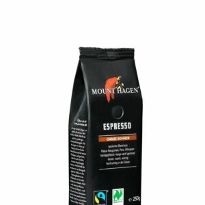Mount Hagen Espresso ganze Bohne wenig Säure dunkle Espressoröstung. Mischung aus Arabica-Kaffee aus Papua Neuguinea-, Peru- und Äthiopien