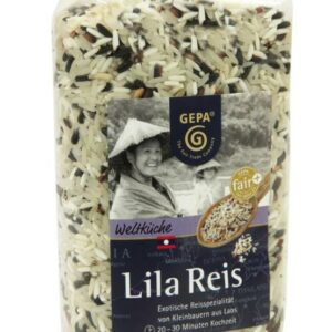 Lila Reis GEPA aus Laos mit Kombination weißer Langkornreis Rundkornreis dunkel-violetten Reiskörnern erzeugt lila Farbe beim Kochen