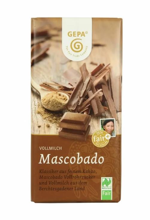 Mascobado Bio Vollmilchschokolade zartschmelzend dezente Süße Karamellnote des reinen Mascobado Vollrohrzuckers fair produziert und gehandelt