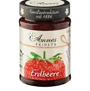 Erdbeer Konfitüre Bio Annes Feinste extra mit viel Liebe zubereitet Sie aus feinsten Bio-Erdbeeren schmeckt wie selbst gemacht