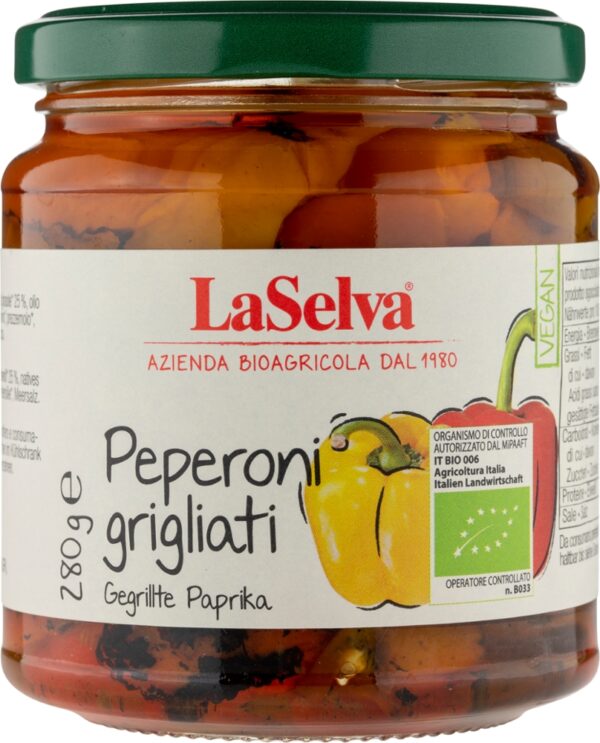 Paprika gegrillt Bio aus eigenem Anbau Toskana, sonnengereift erntefrisch mit Petersilie in Öl und Weinessig Vorspeise (Antipasti) und Beilage