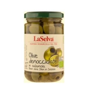 Grüne Oliven entsteint La Selva in Salzlake mit Zitrone verfeinert für Antipasti Nudelgerichte Pizzabelag auf Brot in Salaten zum Wein