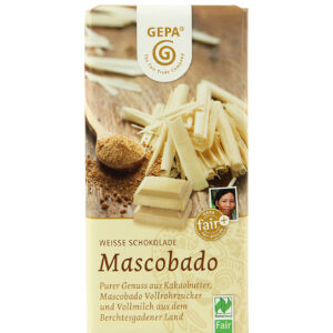 Mascobado Weiß Schokolade Bio zartschmelzend dezente Süße Karamellnote des reinen Mascobado Vollrohrzuckers fair produziert und gehandelt